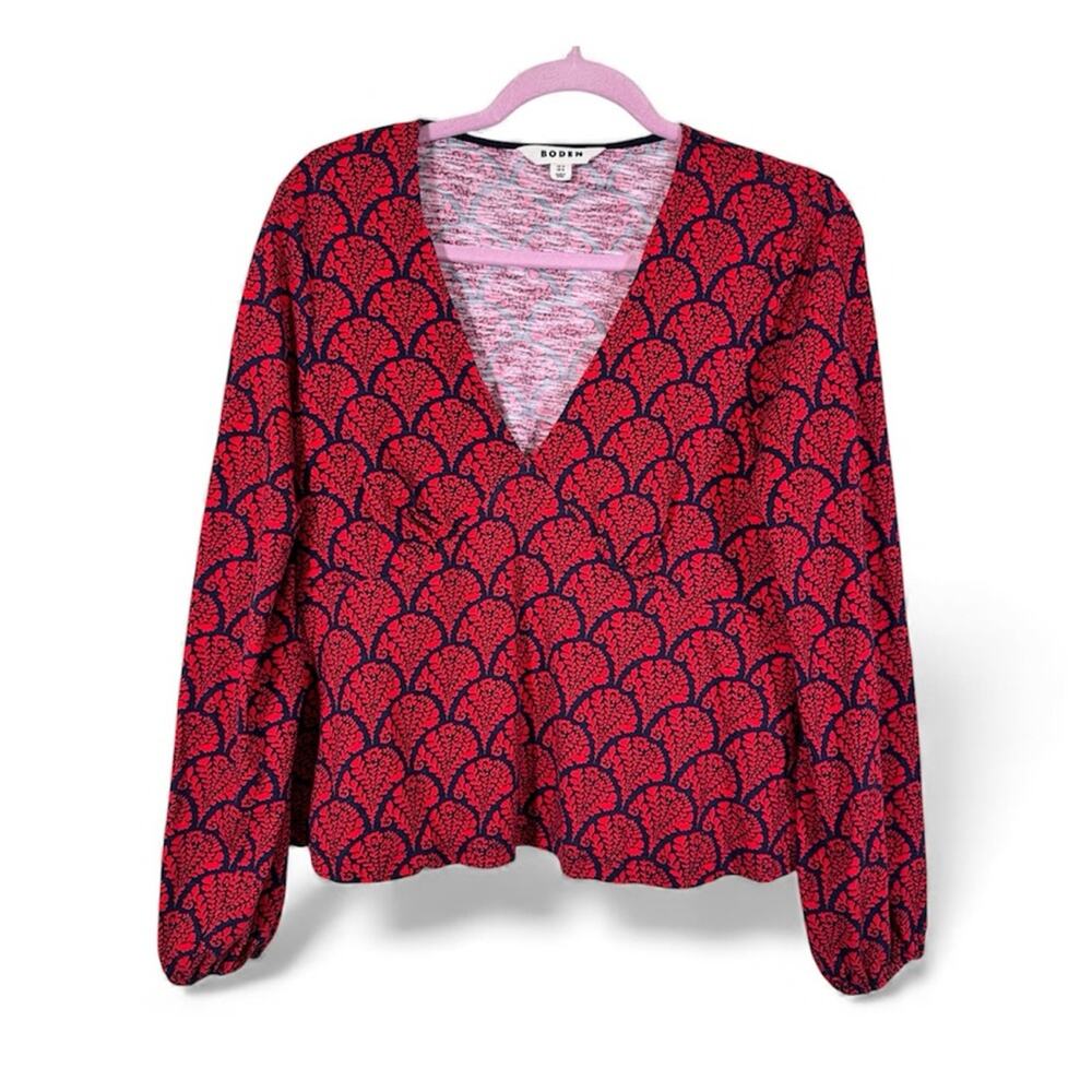 Boden Red Blue Floral Print V Neck Long Sleeve Blouse Womens 12 Preppy Shirt